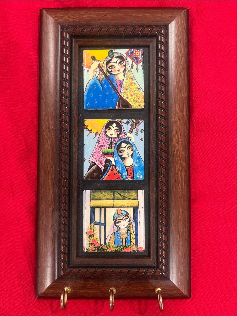 Handcrafted Wood Picture Frame Key Rack with Colorful Illustrated Tiles